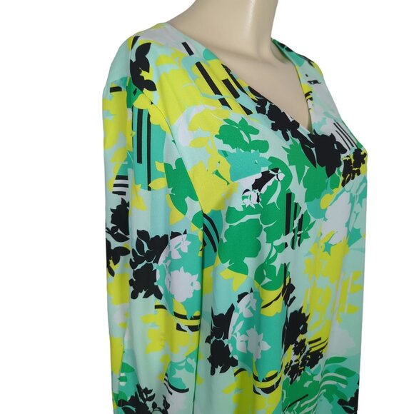 KAARI Blue V-Neck Long keyhole Sleeve yellow green abstract print Dress Size L - Picture 12 of 16